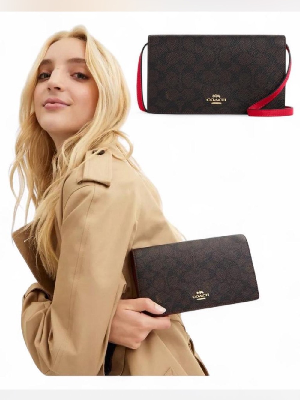 COACH Anna Foldover Clutch Crossbody Bag In Signature Canvas Brown & Red